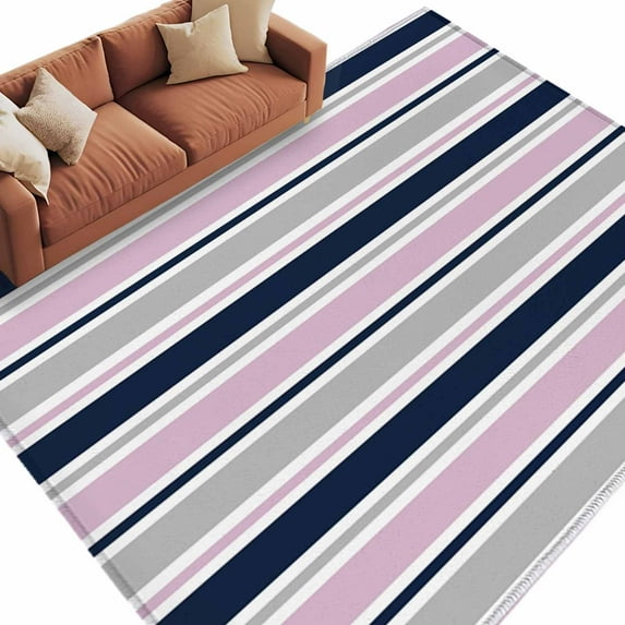 Minimalist Stripes Washable Area Rug 5 x 7 ft Navy Blue Pink Gray Horizontal Stripe Modern, Soft Non Slip Rugs Stain Repellent Indoor Felt Carpet for Living Dining Room Bedroom Home Office
