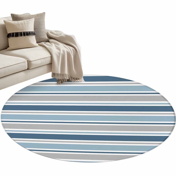 Minimalist Stripes Washable Round Area Rug 4 ft, Grey Blue Ombre Horizontal Stripe Modern, Soft Non Slip Rugs Stain Repellent Indoor Felt Carpet for Living Dining Room Bedroom Home Office