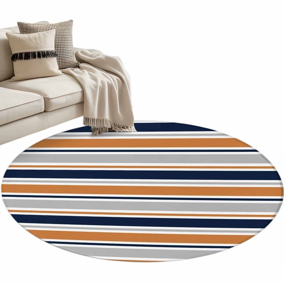 Minimalist Stripes Washable Round Area Rug 4 ft, Navy Blue Gray Orange Horizontal Stripe, Soft Non Slip Rugs Stain Repellent Indoor Felt Carpet for Living Dining Room Bedroom Home Office