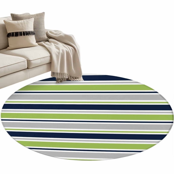 Minimalist Stripes Washable Round Area Rug 4 ft, Navy Blue Grey Green Horizontal Stripe Modern, Soft Non Slip Rugs Stain Repellent Indoor Felt Carpet for Living Dining Room Bedroom Home Office