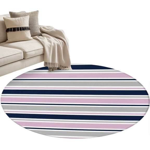Minimalist Stripes Washable Round Area Rug 4 ft, Navy Blue Pink Gray Horizontal Stripe Modern, Soft Non Slip Rugs Stain Repellent Indoor Felt Carpet for Living Dining Room Bedroom Home Office