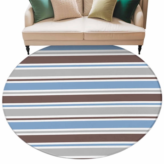 Minimalist Stripes Washable Round Area Rug 5 ft, Blue Brown Grey Horizontal Stripe Modern, Soft Non Slip Rugs Stain Repellent Indoor Felt Carpet for Living Dining Room Bedroom Home Office