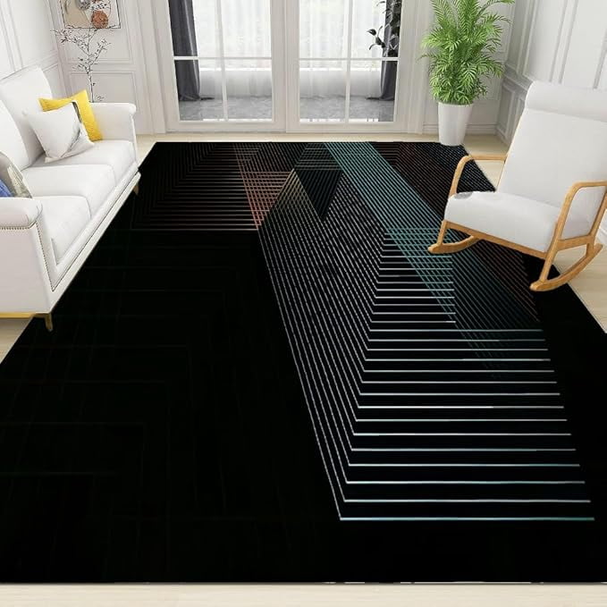 Minimalist Style Black Area Rug, Abstract Technology Lines Rug, Easy ...