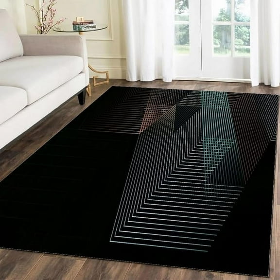 Minimalist Style Black Area Rug, Abstract Technology Lines Rug, Easy Clean Home Decor Rugs Home Office Playroom Soft Washable Carpet 4 x 6ft