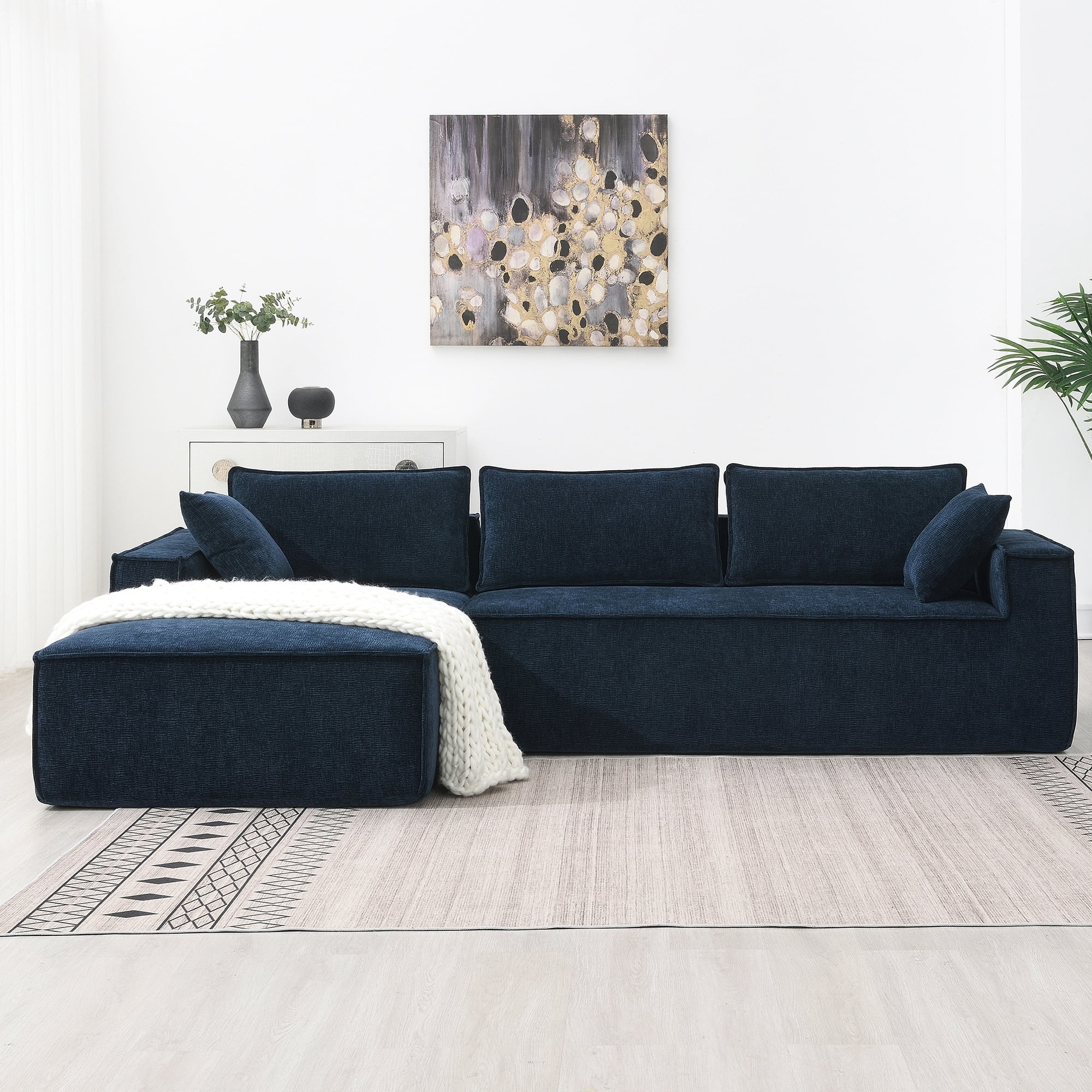 Minimalist Style Modular Sectional Sofa Chenille Couch Set Blue 