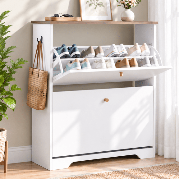 Skyhill Shoe Cabinet with 2 Flip Drawers,Freestanding Shoe Storage Organizer,White & Walnut 2-Tone Narrow Shoe Rack for Entryway,White