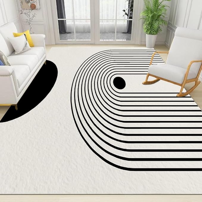 Clean Lines Rug Minimalist Style White Area Rug, Boho Black Lines Runway Rug, Non-Slip ...