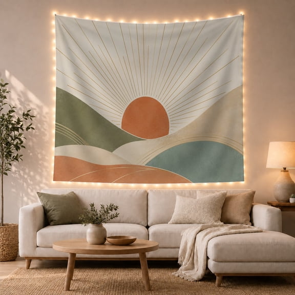 Minimalist Sun and Layered Hills in Off-White and Terracotta, Serene Boho for Home Decor Enthusiasts, Earthy Graphic Wall Art, Housewarming Gift, Tapestry Wall Hanging for Bedroom and Living Room