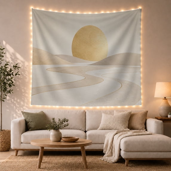 Minimalist Sun Over Rolling Hills in Neutral Earthy Tones, Serene Boho for Nature Art Lovers, Landscape Wall Decor, Housewarming Gift Tapestry Wall Hanging for Bedroom and Living Room