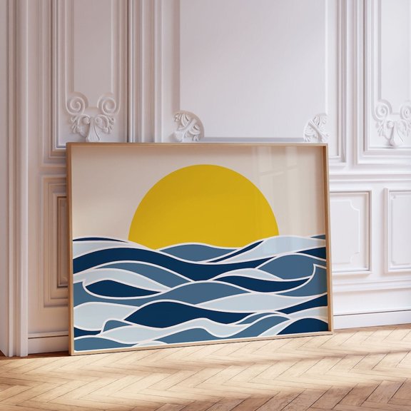 Minimalist Sun Sea Landscape Modern Horizontal Wall Art Poster, Unframed Paper Poster 24x36in