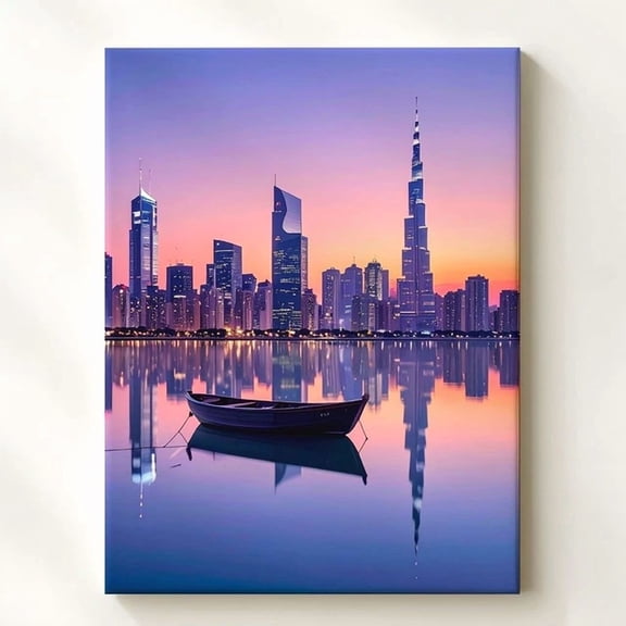 Minimalist Sunset City Skyline Reflections And Rowboat On Calm Water Wall Art