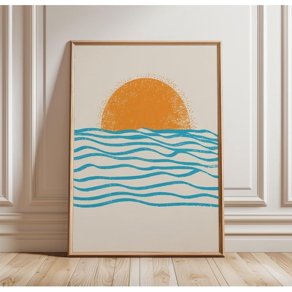 Minimalist Sunset Ocean Retro Sun Waves Coastal Abstract Beach Artwork Modern Summer Wall Decor, Unframed Poster