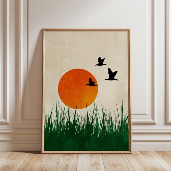 Minimalist Sunset Print Flying Birds, Grassy Landscape, Modern Wall Art, Poster Only