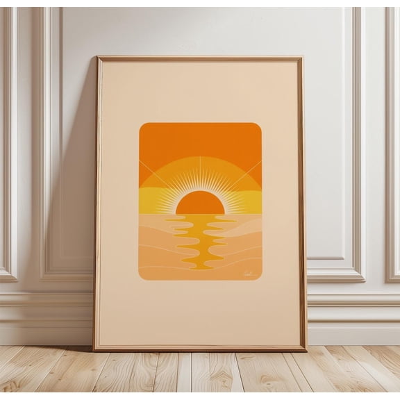 Minimalist Sunset Retro Sun Warm Ocean Abstract Landscape Decor Unframed Paper Print