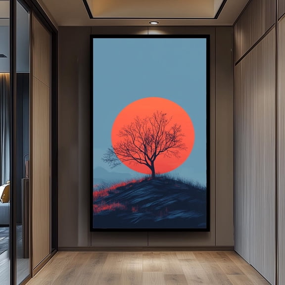 Minimalist Sunset Tree Print Modern Home Decor, Stretched Canvas 8x10in