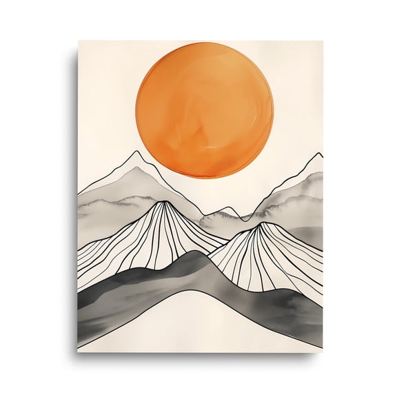 Minimalist Sunset Valley Line Art Print, Abstract Mountain Wall Decor, Modern Nature Poster, Geometric Orange Sun Illustration, Calming Art Home Decor #4051, Unframed Canvas Size 16x24
