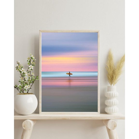 Minimalist Surfer Pastel Sunset Beach Coastal Boho Ocean Pink Sky Surf Graphic Poster Unframed Paper Print