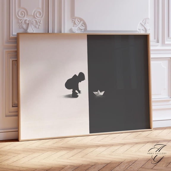 Minimalist Surrealist Art Poster: Child & Paper Boat Con28, Stretched Canvas Size 12x18