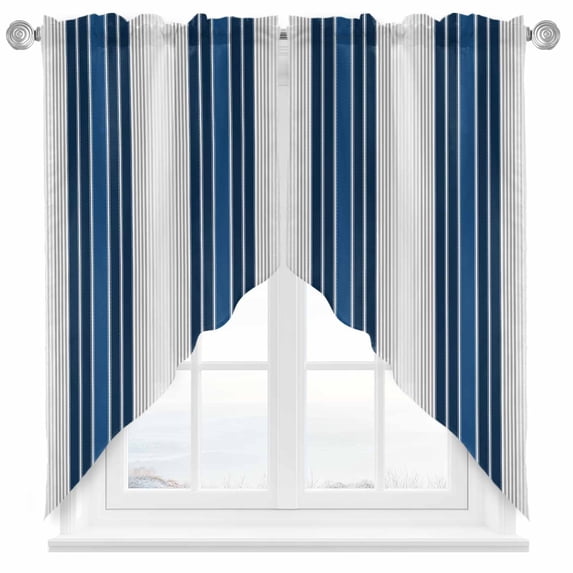 Minimalist Swag Curtain Valance for Windows, Dark Blue Gradient Gray Stripe Window Treatments Short Swag Topper for Kitchen Windows Bathroom Bedroom, 28"x36"