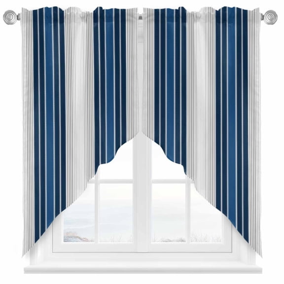 Minimalist Swag Curtain Valance for Windows, Dark Blue Gradient Gray Stripe Window Treatments Short Swag Topper for Kitchen Windows Bathroom Bedroom, 36"x45"