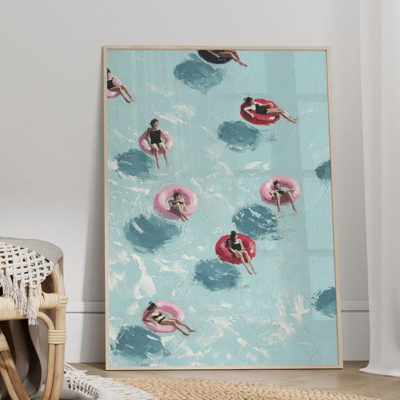 Minimalist Swimmers Aerial Pool Scene Ring Floaters Pastel Summer Contemporary Calm Decor, Stretched Canvas