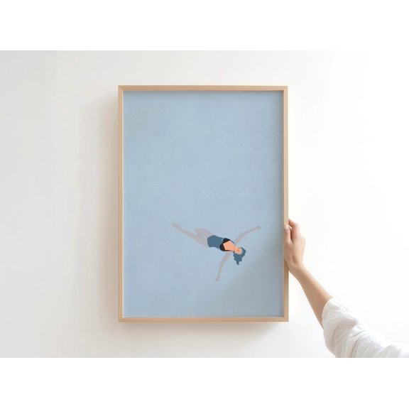 Minimalist Swimming Woman Art Coastal Blue Ocean Summer Decoration, Unframed Paper Poster 11x14in