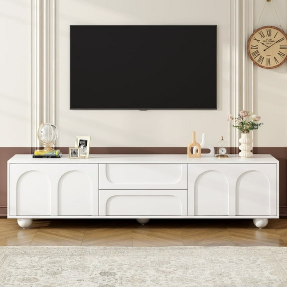 Minimalist TV Stand with Arched Doors & 2 Drawers & 5 Iron Round Legs for TVs up to 75", Media Console with Rebound Device for Living Room, Bedroom, White