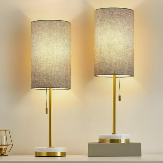 NATYSWAN Minimalist Table Lamp Set of 2, Nightstand Lamp for Bedroom Living Room, Modern Pull Chain Bedside Lamp with Marble Base, Fabric Shade, Small Desk Lamp for Home, Office, Reading,Grey