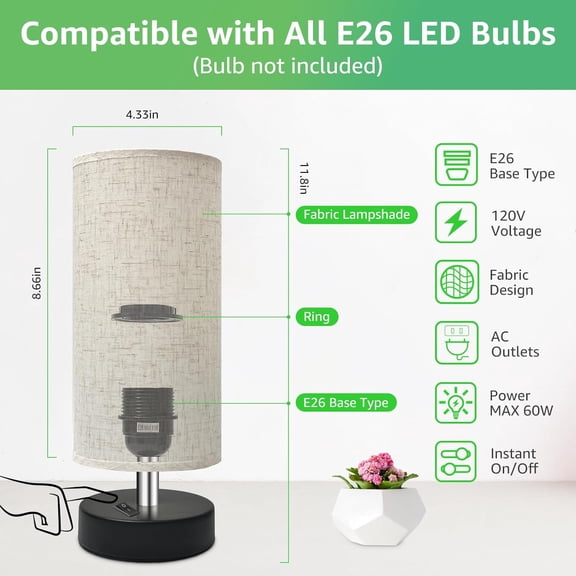 Minimalist Table Lamp with Round Flaxen Shade, 11.4 Inch Reading Lamp for Bedroom, 2 Pack