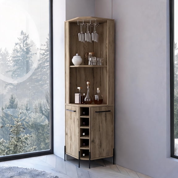 Minimalist Tall Bar Cabinet with 5-Bottle Wine Rack and Stemware Holder, Linen Beige