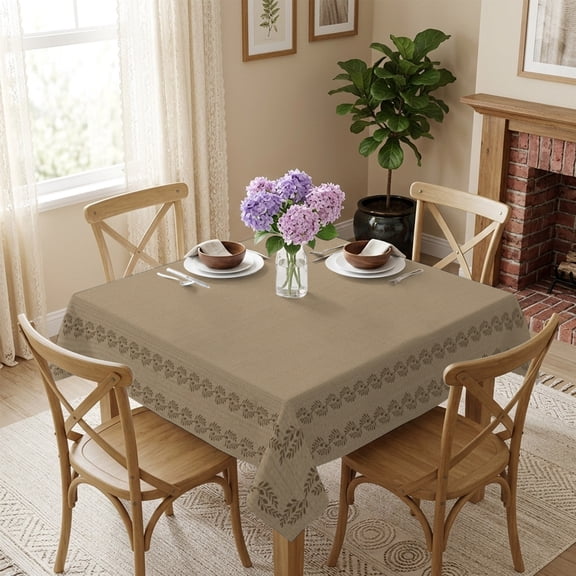 Minimalist Tan Square Tablecloth 54x54 Inch Modern Natural Linen Sand Texture Weave Waterproof Polyester Table Cover, Washable Stain Resistant Tablecloth for Dining Table Kitchen Wedding