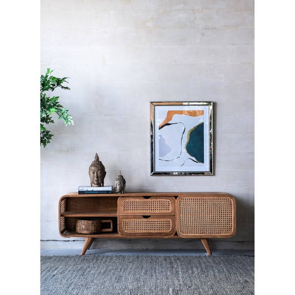 Minimalist Teak - Rattan Cabinet | Organize Media in Living Area | Solid Wood Work | Cover Cords and Electronics Neatly