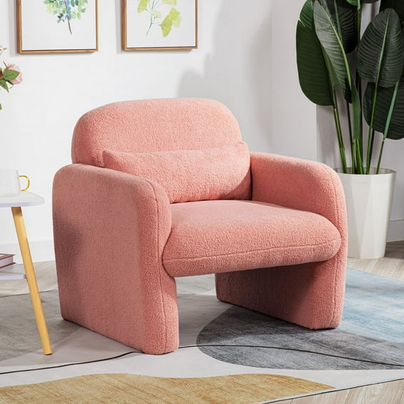 Minimalist Teddy Fleece Single Sofa Chair With Arms And Pillow, Grey Accent Chair For Living Room And Bedroom,Pink