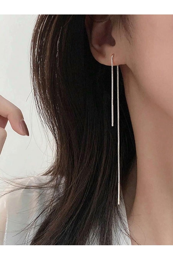 Minimalist Threader Earrings with Chain and Bar Detail, Silver, 1 Pair