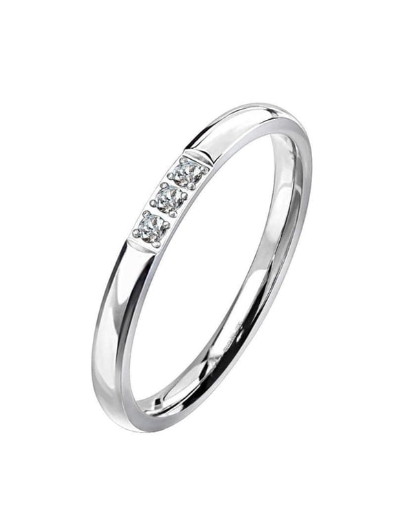 Minimalist Three Stone Anniversary Ring Womens Stainless Steel CZ Promise Band Fantasy Forge Jewelry
