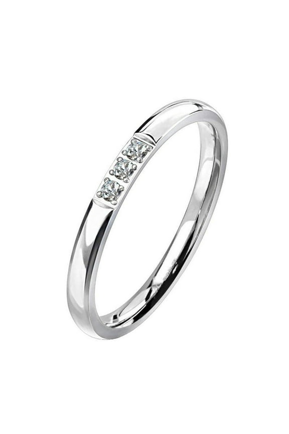 Minimalist Three Stone Anniversary Ring Womens Stainless Steel CZ Promise Band Fantasy Forge Jewelry