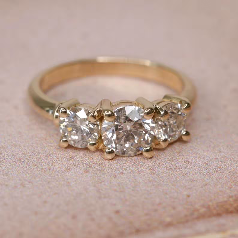 thumbnail image 1 of Minimalist Three Stone Ring, 3 Stone Simulated Diamond Ring, 14k Gold Yellow Gold Finish Engagement Wedding Promise Ring, 1 of 1