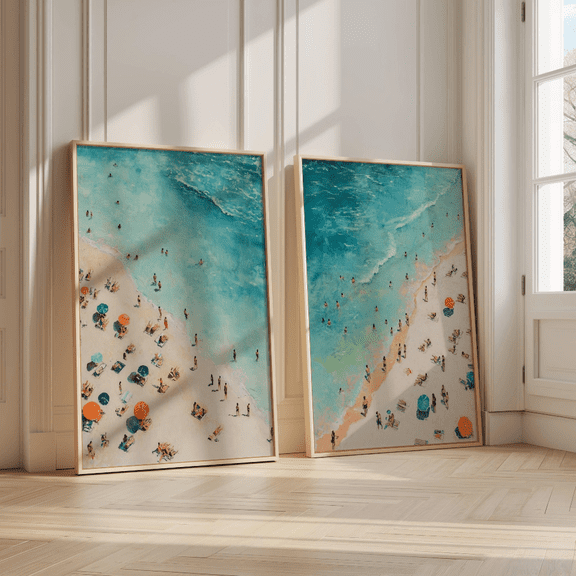 Minimalist Tiny People Swimming Ocean Beach Poster Set 2 Prints Set 2 , Poster Only