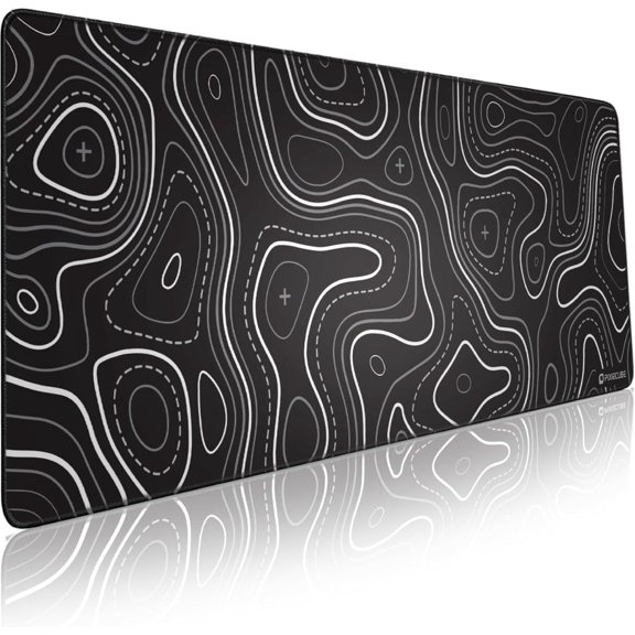 Minimalist Topographic Map Mouse Pad - Contour Extended Large Stitch Edge Mousepad. Black & White Non-Slip XL Gaming Desk Mat