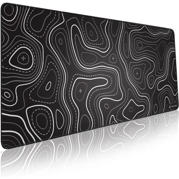 Minimalist Topographic Map Mouse Pad - Contour Extended Large Stitch Edge Mousepad. Black & White Non-Slip XXL Gaming Desk Mat