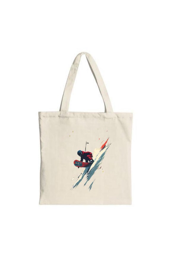Minimalist Tote Bag with Skier Design - Dynamic Snowboarding Maneuver in Red & Black Abstract Motion Lines in Blue & Orange