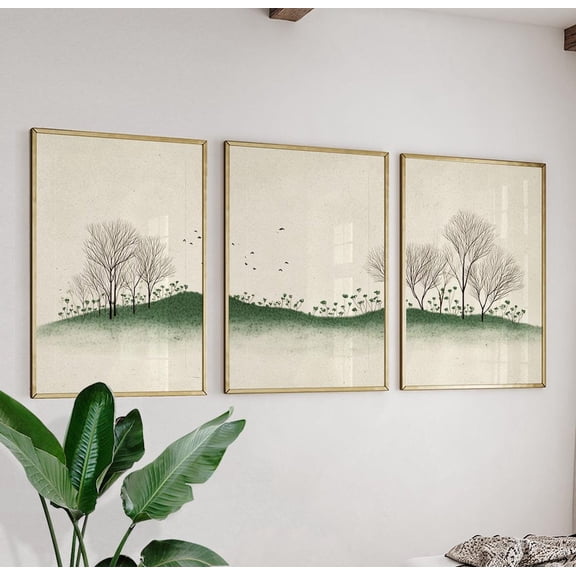 Minimalist Tree Neutral Green Landscape Triptych Set 3 Stretched Canvas 12x18