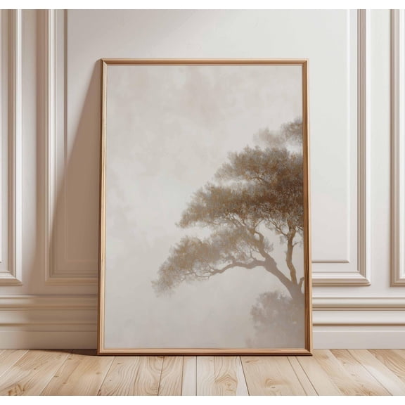 Minimalist Tree in Fog Poster Tranquil Nature Wall Art Print Japandi Neutral Landscape Dec
