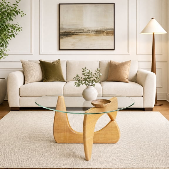Minimalist Triangle Coffee Table with Tempered Glass Top & Adjustable Base,Novelty Center Table for Living Room,Natural