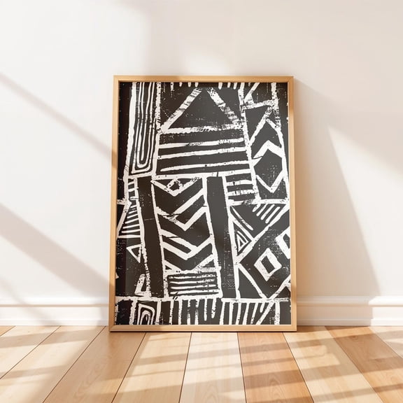 Minimalist Tribal Textile Motif Geometric Art Neutral Boho Wall Art Hand Painted Design, Unframed Poster