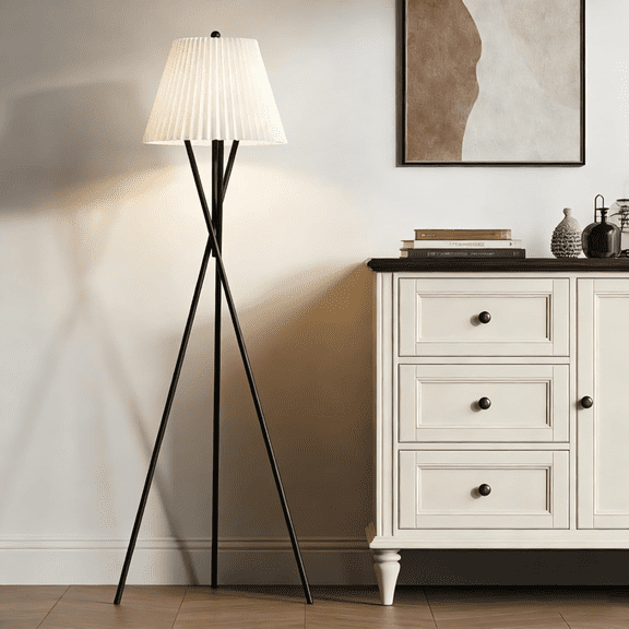 Minimalist Tripod Floor Lamp With Pleated White Shade Foot Switch Control Classic Black Metal Standing Lamp Versatile Decorative Lighting For Living Room Bedroom Study