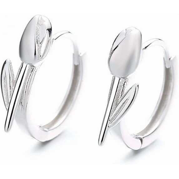 Minimalist Tulip Flower Small Hoop Earrings Sterling Silver 925 Cartilage Earrings Round Huggie Hoops Hinged Hypoallergenic Ear Jewelry Gifts for Women