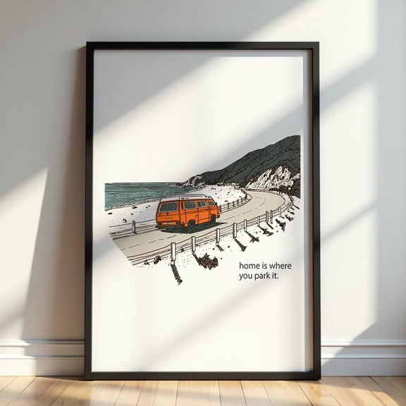 Minimalist Van Life Illustration Camper Van Drawing Kitchen Wall Decor Unframed Paper Print