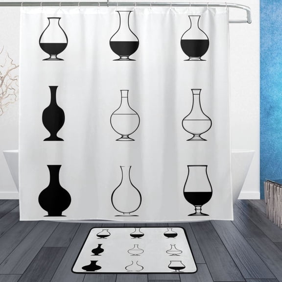 Minimalist Vase Icon Bathroom Accessory Sets Waterproof Shower Curtain with Anti-Slip Bath Mat Durable Combo