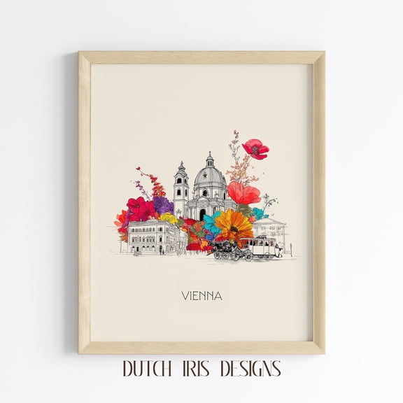Minimalist Vienna Skyline Art Print, Cityscape Wall Art, Modern Travel Decor, Clean Line Art With Colorful Splash 1018 Home Decor #1328, Stretched Canvas Size 12x18